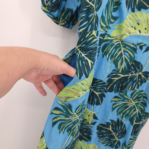 Draper James "June" 100% Linen Tropical Floral Midi Dress Pockets - Picture 7 of 16